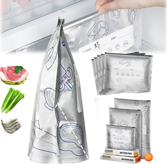 Reusable Aluminum Foil Food Storage Bags – Pack of 10 | Sealable Stand-Up Zip Lock Pouches for Vegetables, Fruits, Meat & Snacks | Fresh-Keeping Freezer & Kitchen Organizer Bags (Silvery)