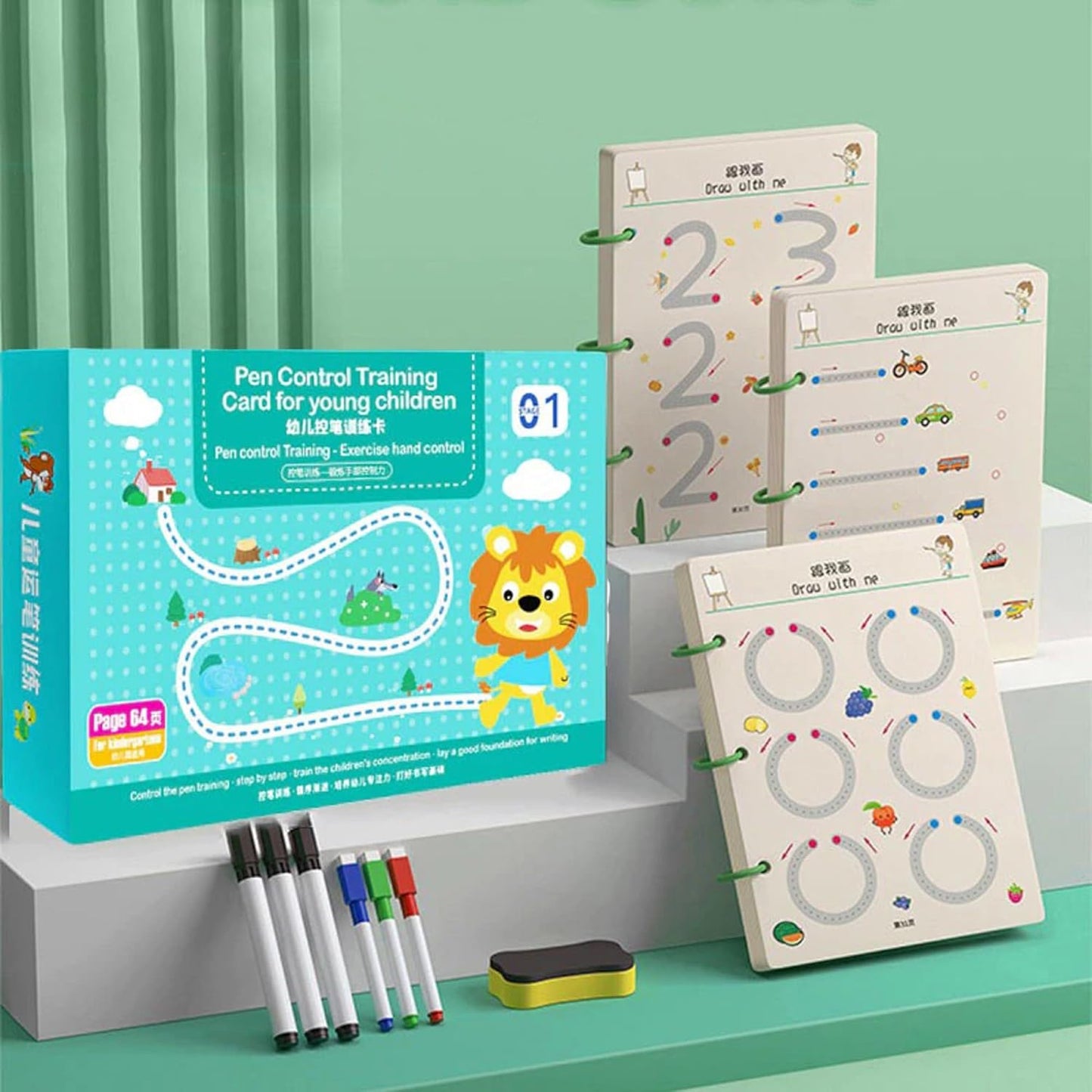 MagicPic Reusable Handwriting Practice Book (64 Pages) – Pen Control & Tracing Workbook with 3 Magic Pens + Eraser for Kids