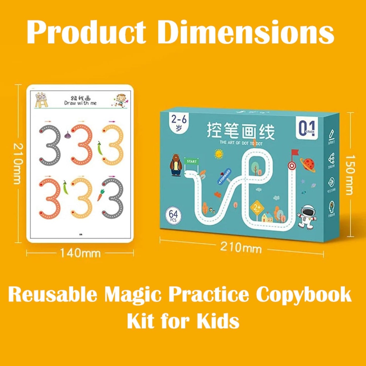 MagicPic Reusable Handwriting Practice Book (64 Pages) – Pen Control & Tracing Workbook with 3 Magic Pens + Eraser for Kids