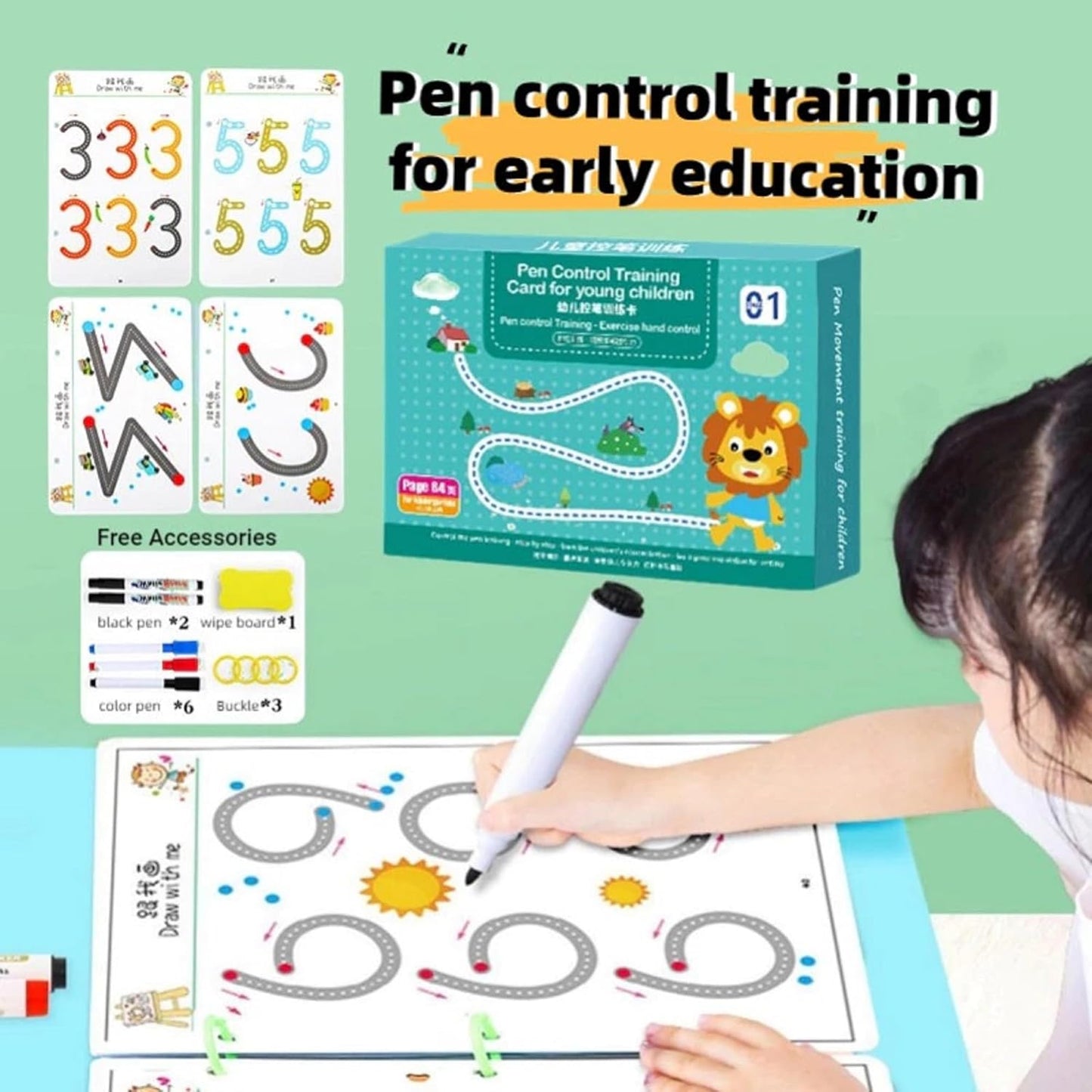 MagicPic Reusable Handwriting Practice Book (64 Pages) – Pen Control & Tracing Workbook with 3 Magic Pens + Eraser for Kids