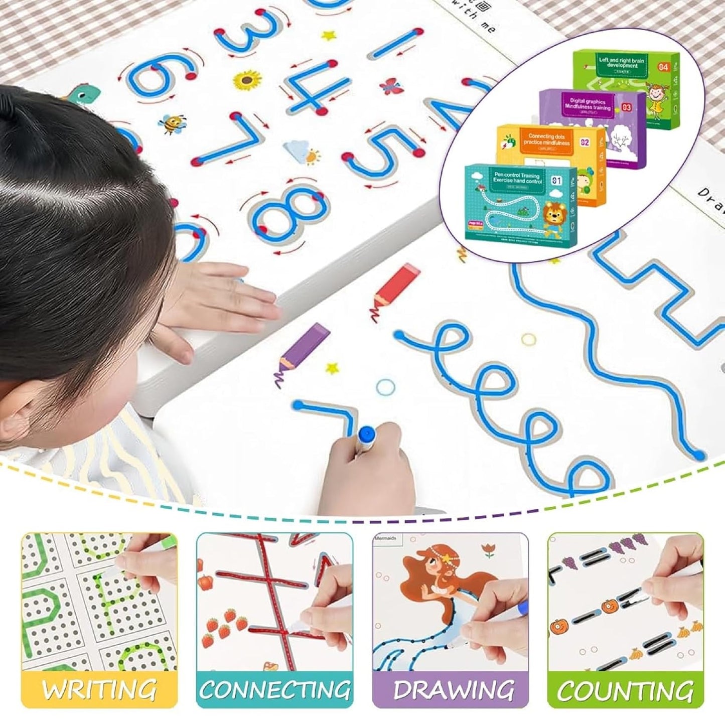 MagicPic Reusable Handwriting Practice Book (64 Pages) – Pen Control & Tracing Workbook with 3 Magic Pens + Eraser for Kids