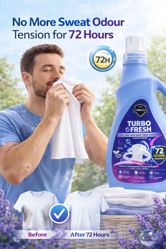 Turbo Fresh Liquid Detergent (950ml) – India’s First 72-Hour Sweat Odour Control Technology | Antibacterial & Antimicrobial Action