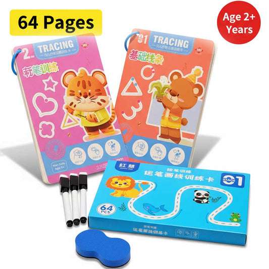 MagicPic Reusable Handwriting Practice Book (64 Pages) – Pen Control & Tracing Workbook with 3 Magic Pens + Eraser for Kids