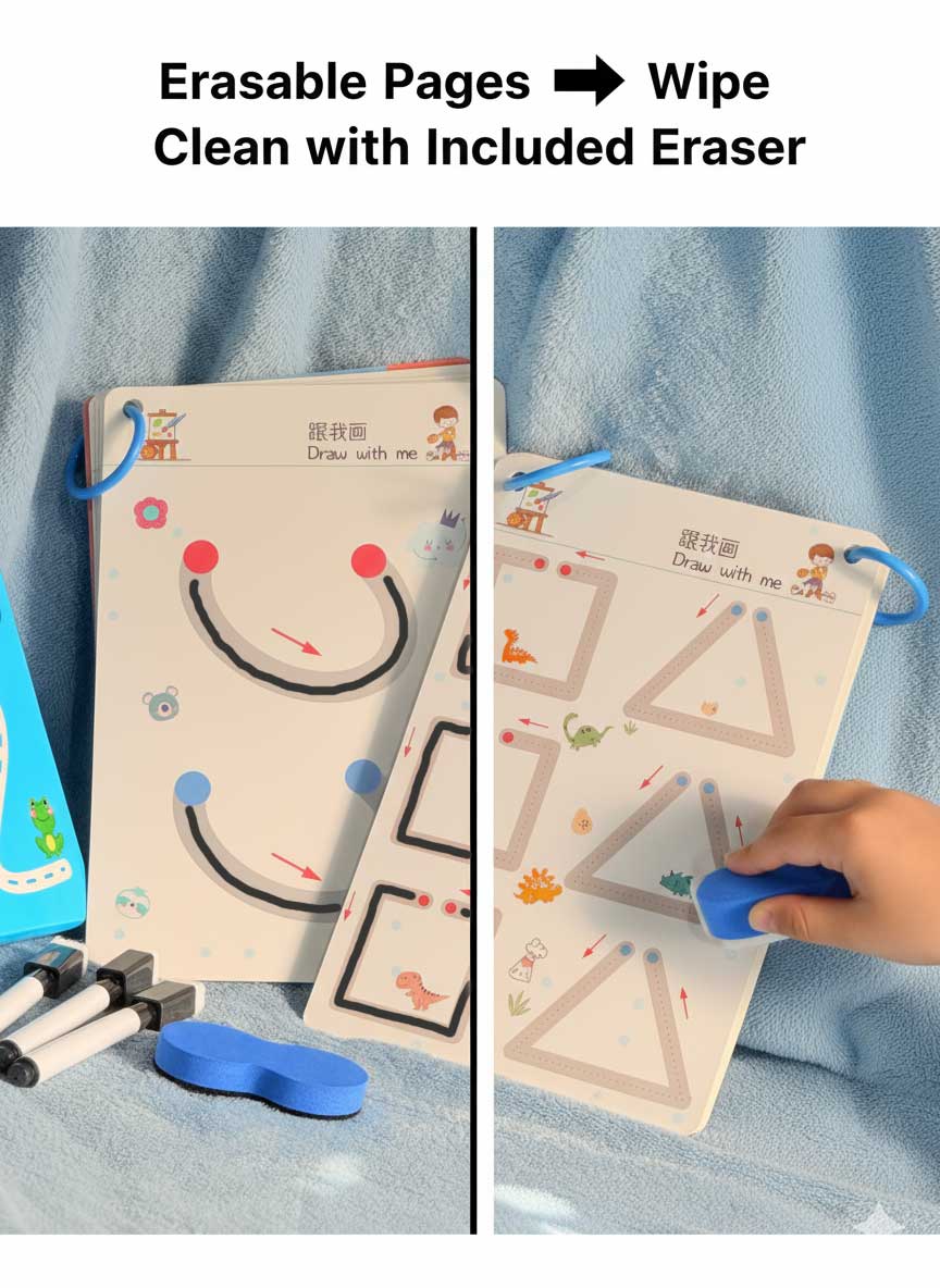 MagicPic Reusable Handwriting Practice Book (64 Pages) – Pen Control & Tracing Workbook with 3 Magic Pens + Eraser for Kids