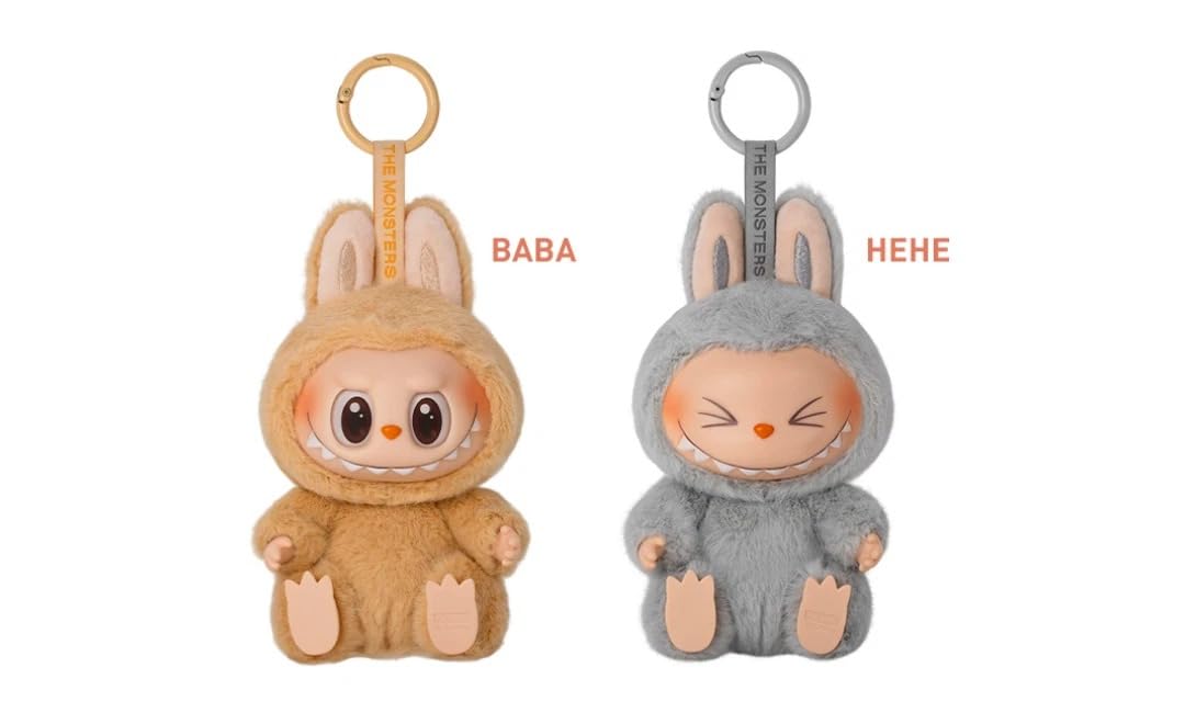 Two plush keychains, one brown and one gray, with 'BABA' and 'HEHE' text on a white background.