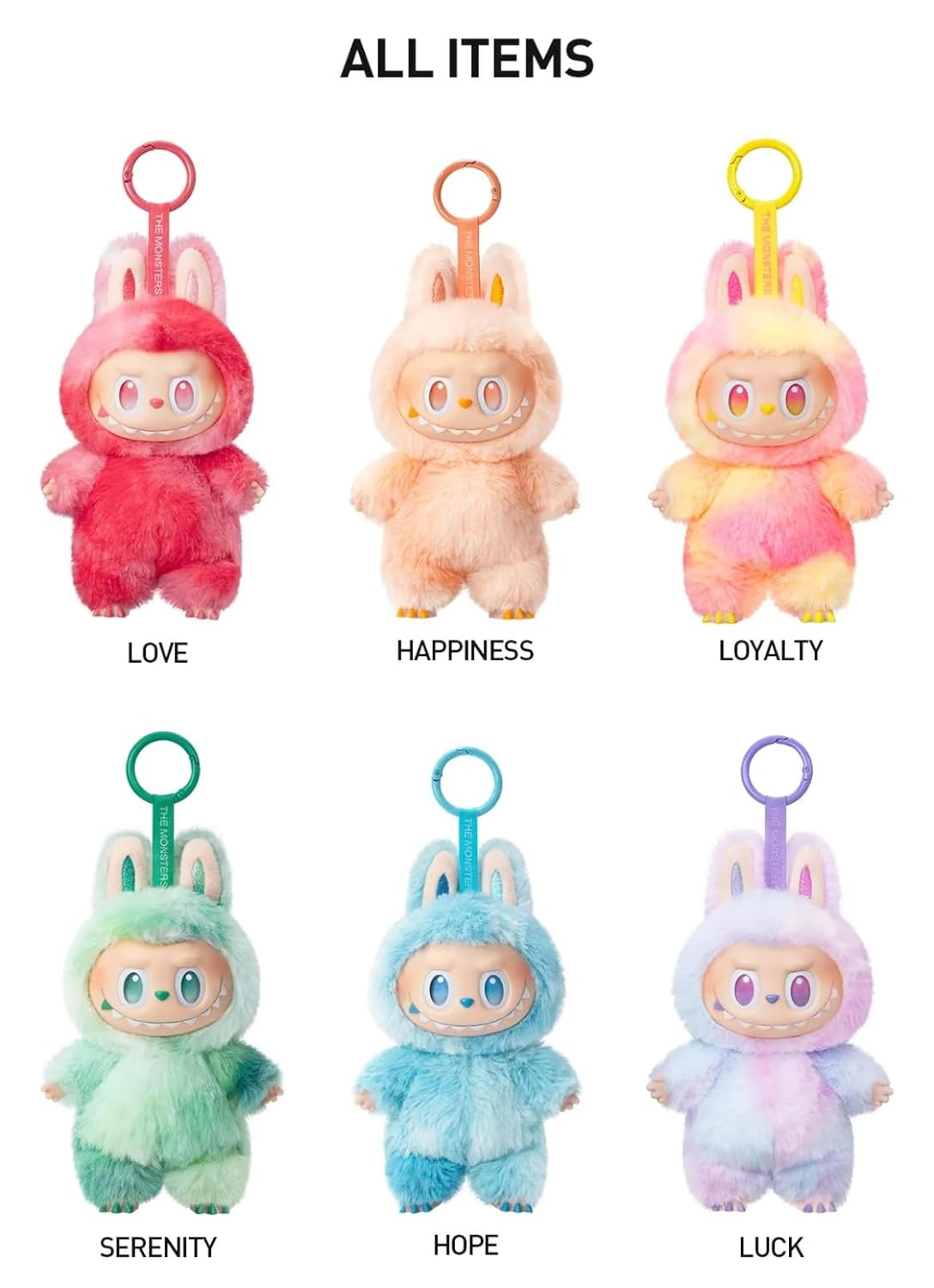 Set of six colorful plush keychains with different emotions labeled on a white background.