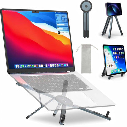 Orvix 3-in-1 Foldable Laptop Stand with Magnetic Phone Holder – 8 Adjustable Heights, Portable Aluminum Riser, Universal for All Laptops, Tablets & Smartphones