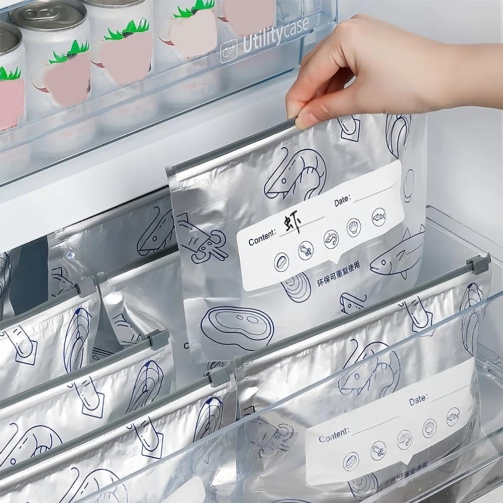 Reusable Aluminum Foil Food Storage Bags – Pack of 10 | Sealable Stand-Up Zip Lock Pouches for Vegetables, Fruits, Meat & Snacks | Fresh-Keeping Freezer & Kitchen Organizer Bags (Silvery)