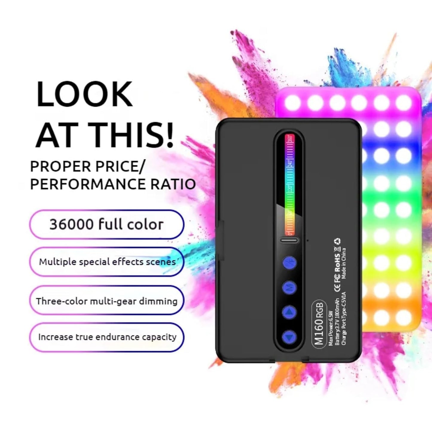 Portable RGB LED Video Light – 2700K-6500K Dimmable Photography Fill Light for Mobile, Camera & Content Creators