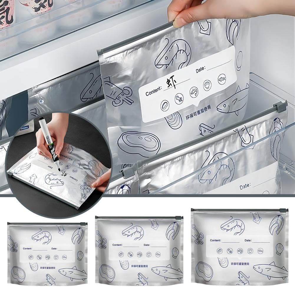 Reusable Aluminum Foil Food Storage Bags – Pack of 10 | Sealable Stand-Up Zip Lock Pouches for Vegetables, Fruits, Meat & Snacks | Fresh-Keeping Freezer & Kitchen Organizer Bags (Silvery)