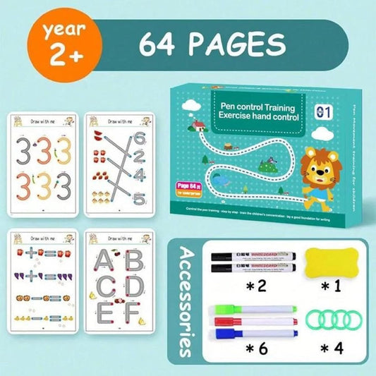 MagicPic Reusable Handwriting Practice Book (64 Pages) – Pen Control & Tracing Workbook with 3 Magic Pens + Eraser for Kids