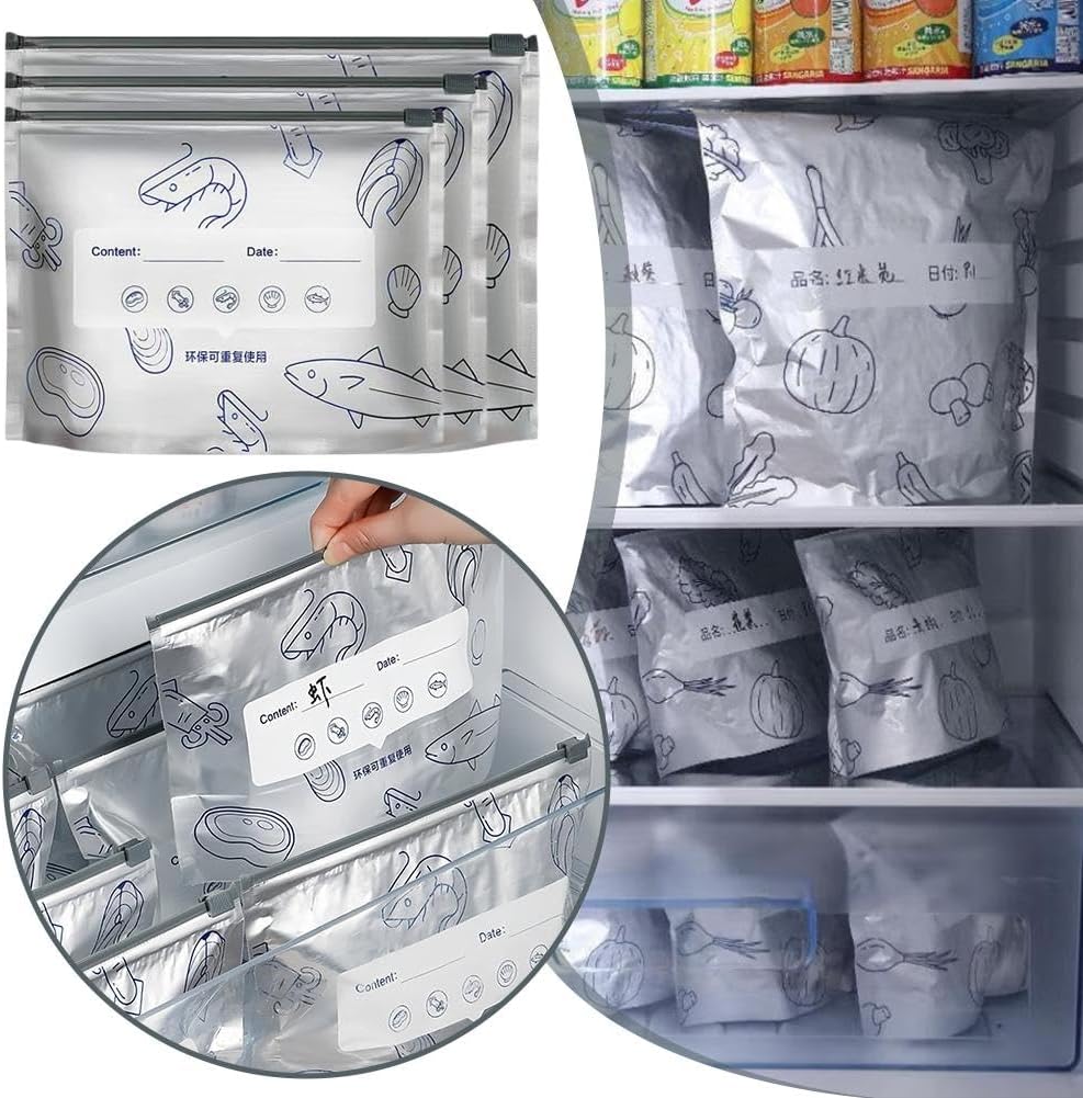 Reusable Aluminum Foil Food Storage Bags – Pack of 10 | Sealable Stand-Up Zip Lock Pouches for Vegetables, Fruits, Meat & Snacks | Fresh-Keeping Freezer & Kitchen Organizer Bags (Silvery)