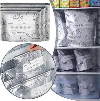 Reusable Aluminum Foil Food Storage Bags – Pack of 10 | Sealable Stand-Up Zip Lock Pouches for Vegetables, Fruits, Meat & Snacks | Fresh-Keeping Freezer & Kitchen Organizer Bags (Silvery)