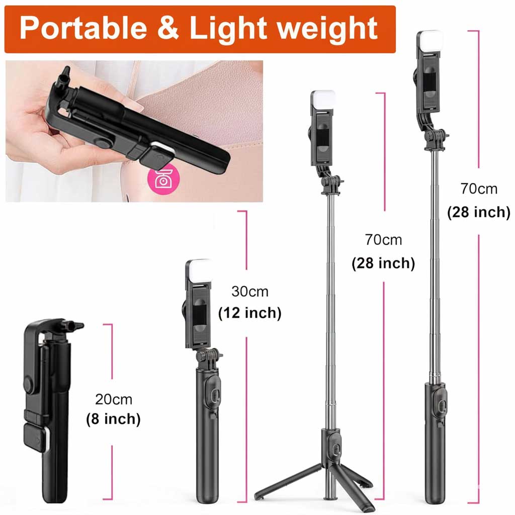 Orvix R1s Rechargeable LED Selfie Stick & Tripod – Foldable Bluetooth Phone Mount with Adjustable Brightness