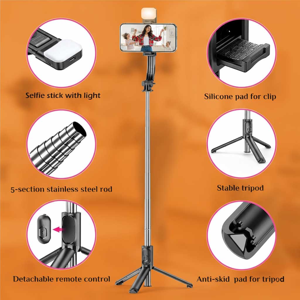 Orvix R1s Rechargeable LED Selfie Stick & Tripod – Foldable Bluetooth Phone Mount with Adjustable Brightness