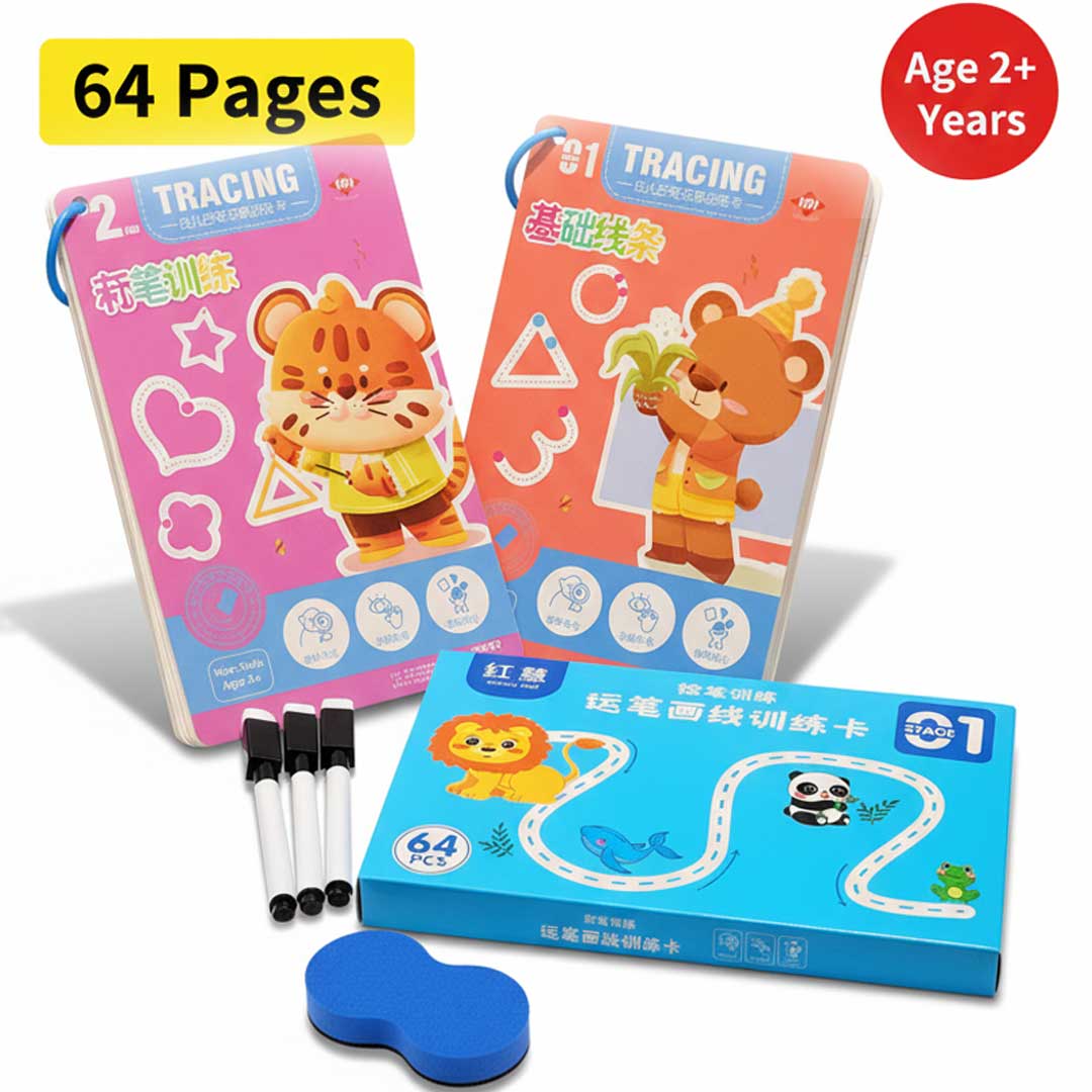 MagicPic Reusable Handwriting Practice Book (64 Pages) – Pen Control & Tracing Workbook with 3 Magic Pens + Eraser for Kids
