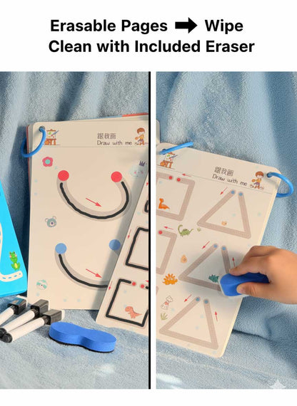 MagicPic Reusable Handwriting Practice Book (64 Pages) – Pen Control & Tracing Workbook with 3 Magic Pens + Eraser for Kids