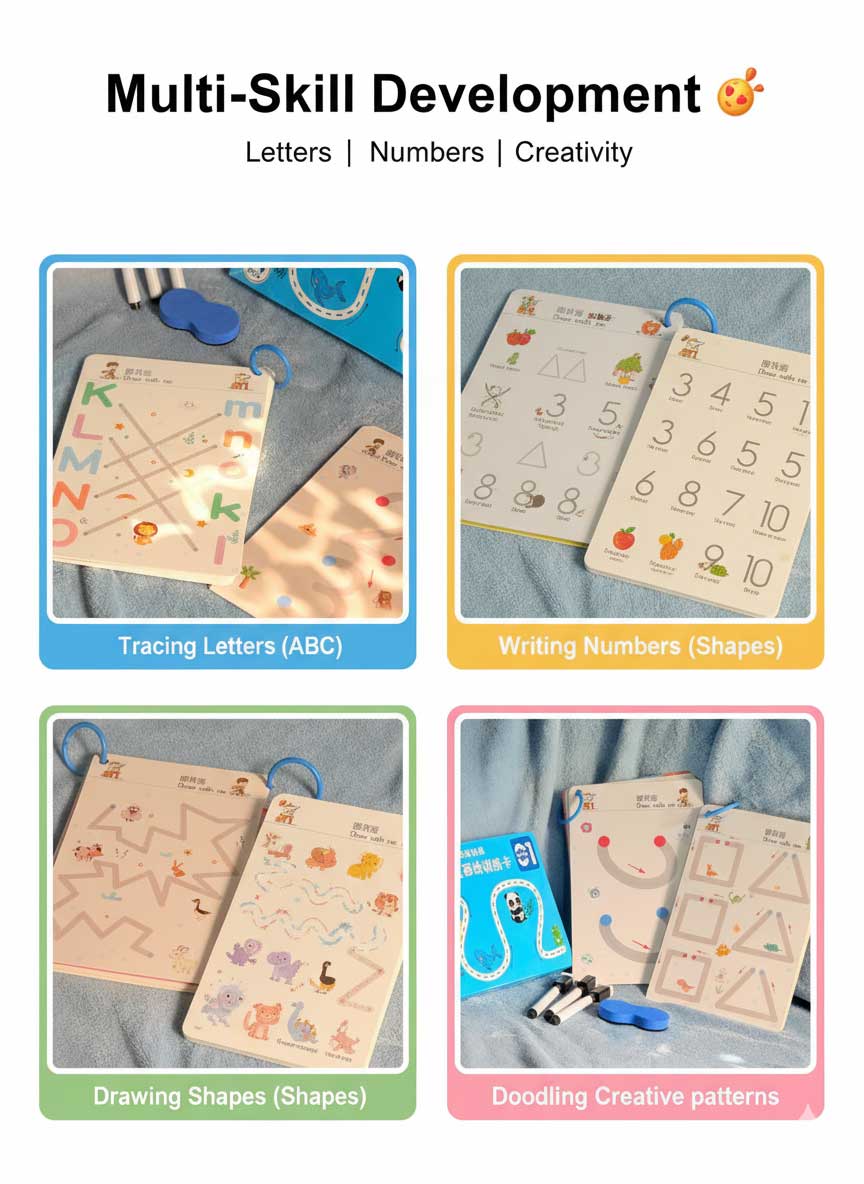 MagicPic Reusable Handwriting Practice Book (64 Pages) – Pen Control & Tracing Workbook with 3 Magic Pens + Eraser for Kids