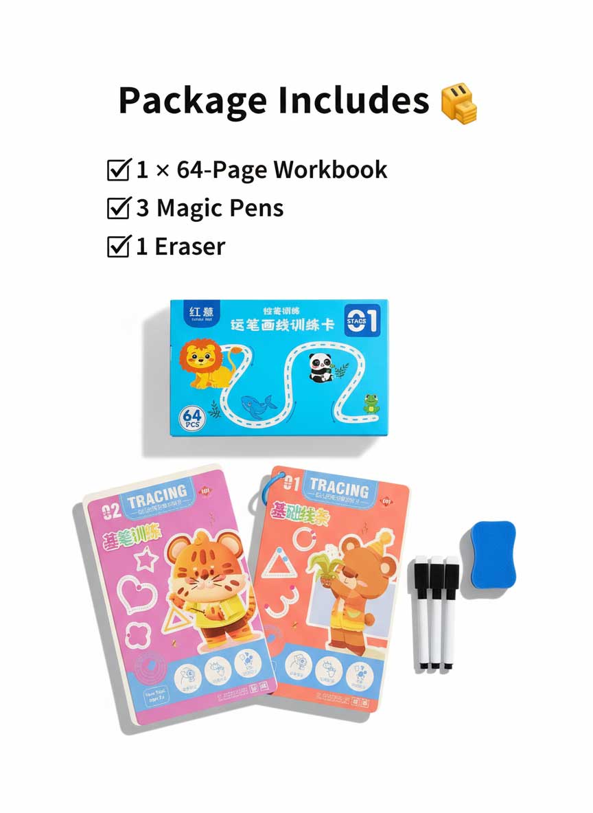 MagicPic Reusable Handwriting Practice Book (64 Pages) – Pen Control & Tracing Workbook with 3 Magic Pens + Eraser for Kids