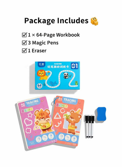 MagicPic Reusable Handwriting Practice Book (64 Pages) – Pen Control & Tracing Workbook with 3 Magic Pens + Eraser for Kids