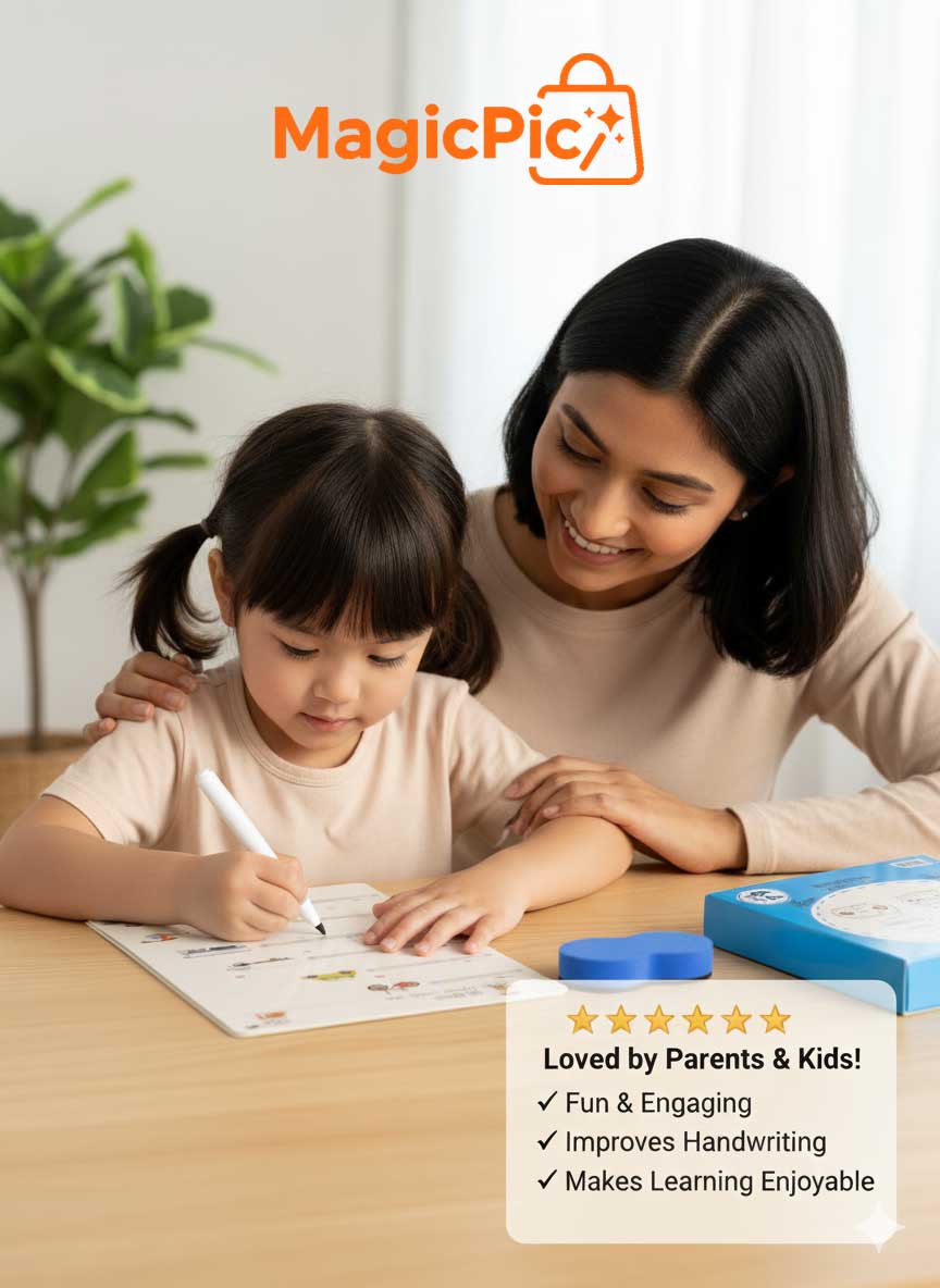 MagicPic Reusable Handwriting Practice Book (64 Pages) – Pen Control & Tracing Workbook with 3 Magic Pens + Eraser for Kids